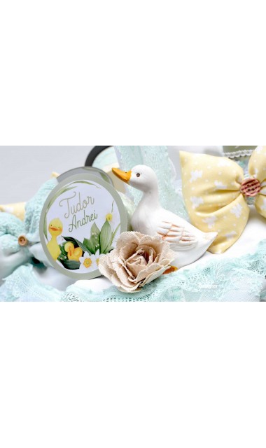 Lumanare de botez cu ratusca, dantela mint flori albe, narcise si lacramioare Mac Mac 8